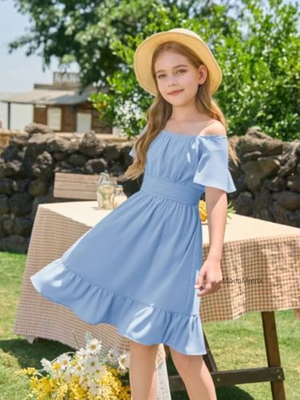 Girls Ruffle Short Sleeve Tie Back A-line Dress Square Neck Smocked Waist